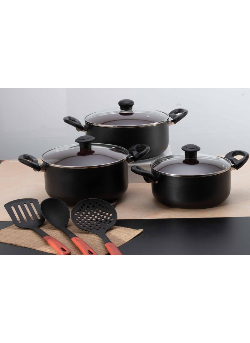 KLASSI KICHEN Aluminimum Non Stick Biryani Pot Set of 3 with Glass lid cookware Set Black