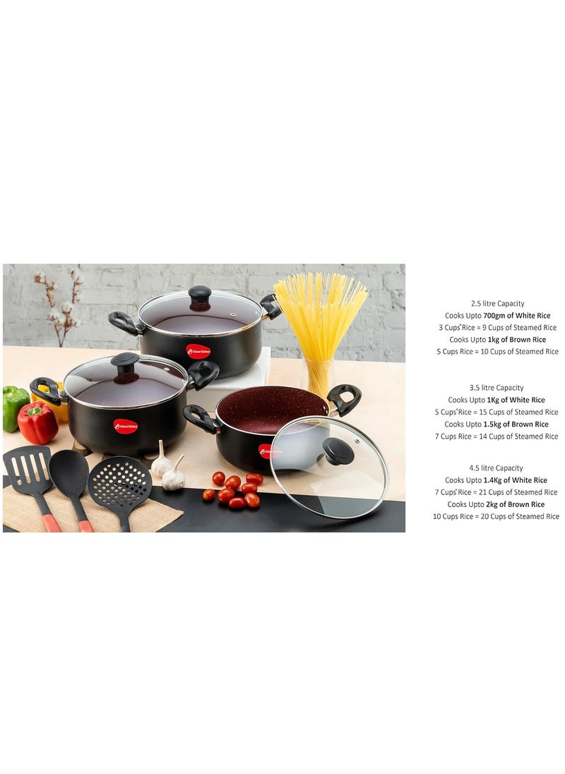 KLASSI KICHEN Aluminimum Non Stick Biryani Pot Set of 3 with Glass lid cookware Set Black