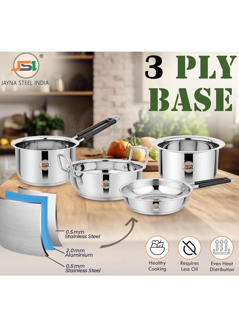JSI Stainless Steel Thick Triply Base Cookware Tope 1600ml Saucepan 1600ml Fry Pan 1500ml Kadhai 2000ml Induction Gas Stove Friendly Encapsulated Aluminium Base 5 Year Warranty