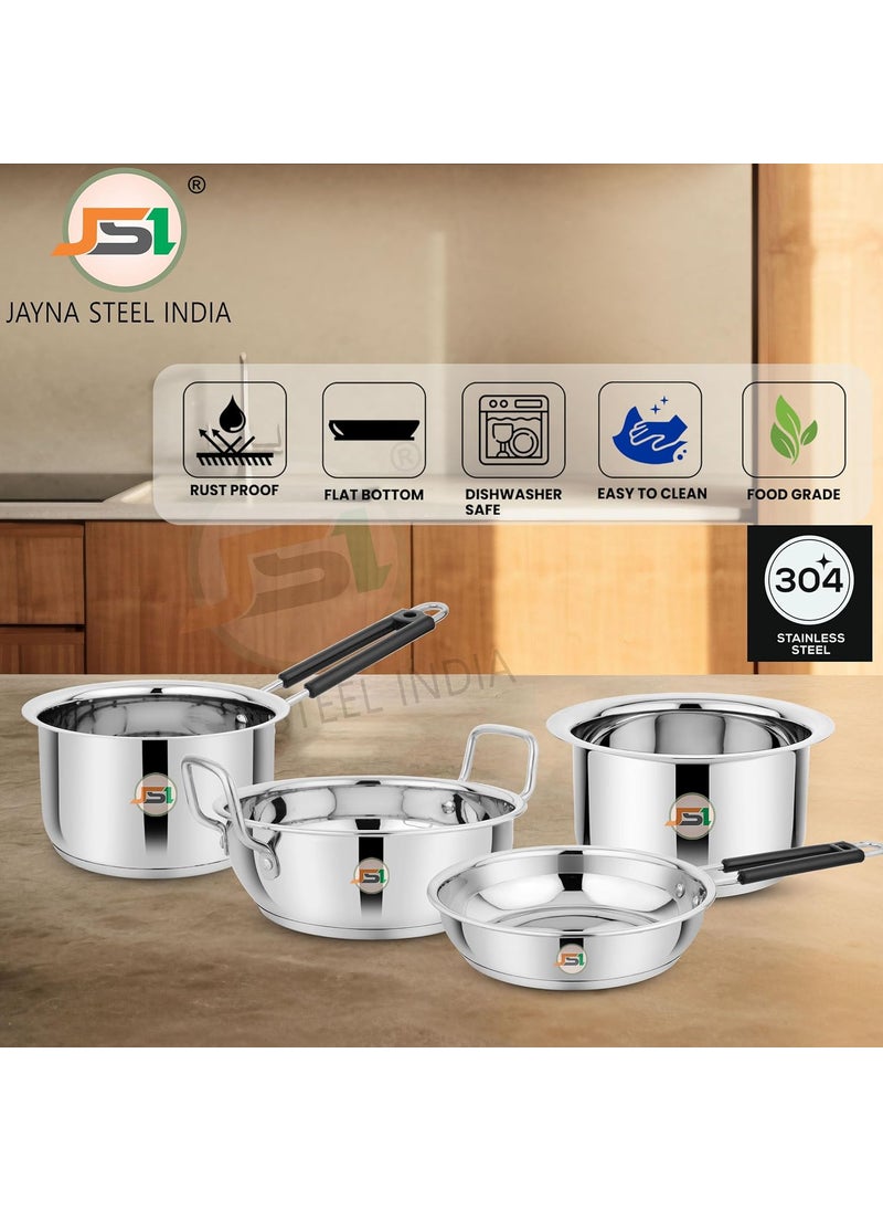JSI Stainless Steel Thick Triply Base Cookware Tope 1600ml Saucepan 1600ml Fry Pan 1500ml Kadhai 2000ml Induction Gas Stove Friendly Encapsulated Aluminium Base 5 Year Warranty