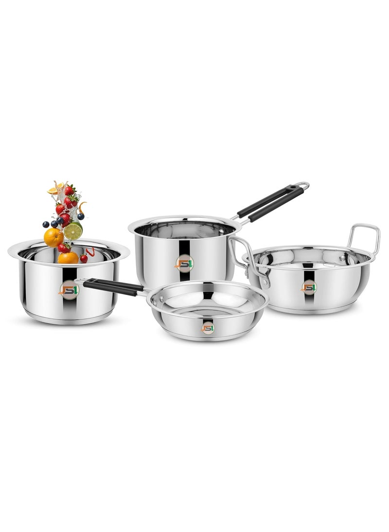 JSI Stainless Steel Thick Triply Base Cookware Tope 1600ml Saucepan 1600ml Fry Pan 1500ml Kadhai 2000ml Induction Gas Stove Friendly Encapsulated Aluminium Base 5 Year Warranty