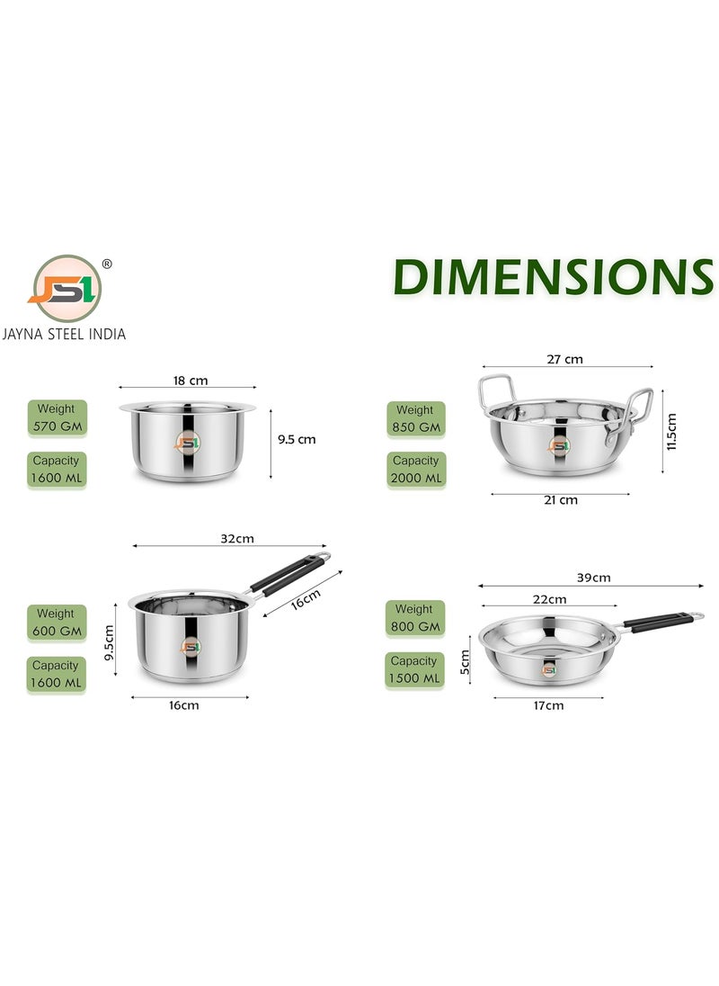 JSI Stainless Steel Thick Triply Base Cookware Tope 1600ml Saucepan 1600ml Fry Pan 1500ml Kadhai 2000ml Induction Gas Stove Friendly Encapsulated Aluminium Base 5 Year Warranty