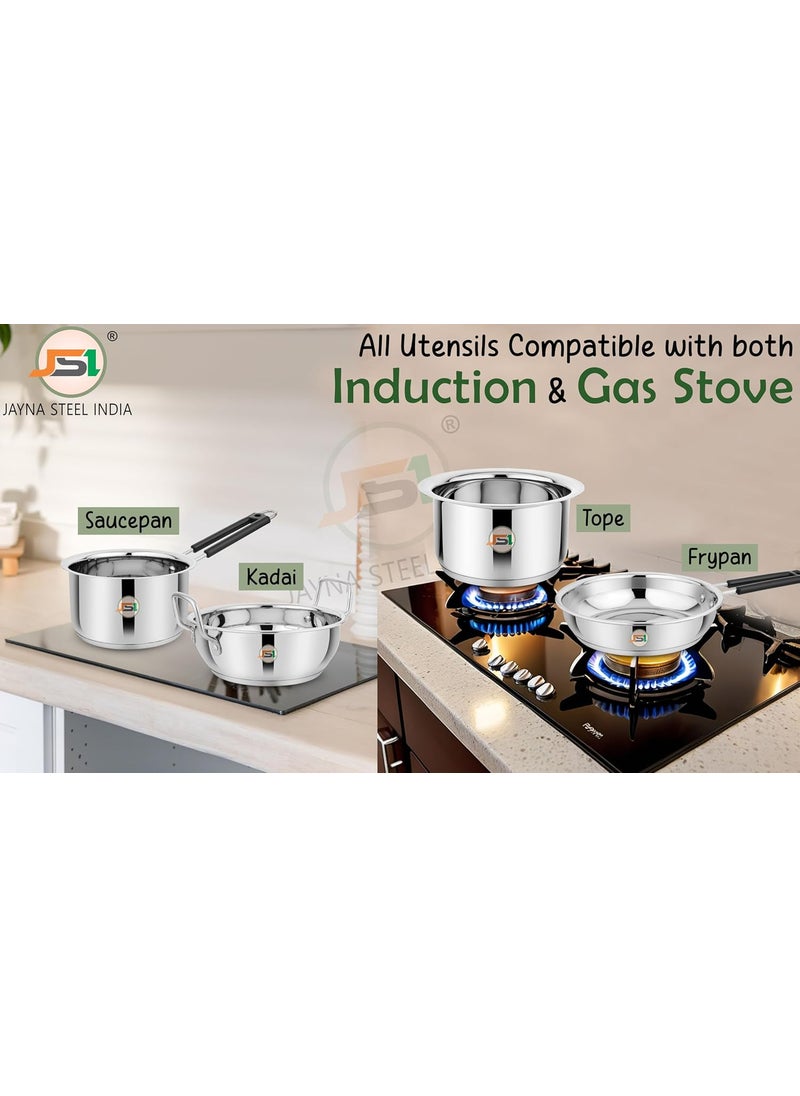 JSI Stainless Steel Thick Triply Base Cookware Tope 1600ml Saucepan 1600ml Fry Pan 1500ml Kadhai 2000ml Induction Gas Stove Friendly Encapsulated Aluminium Base 5 Year Warranty