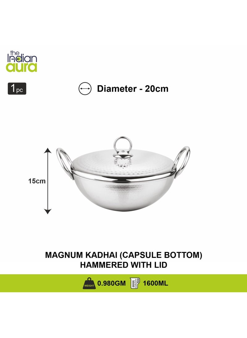 The Indian Aura Stainless Steel 16 Litre Magnum Hammered Kadhai with Lid Heavy Weight 20 cm 980 Grams Gas Induction Compatible 5Year Warranty