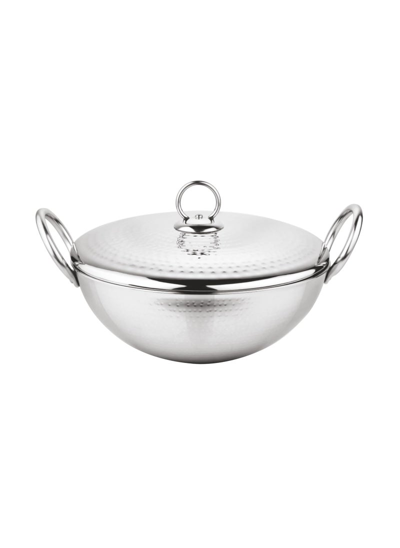 The Indian Aura Stainless Steel 16 Litre Magnum Hammered Kadhai with Lid Heavy Weight 20 cm 980 Grams Gas Induction Compatible 5Year Warranty
