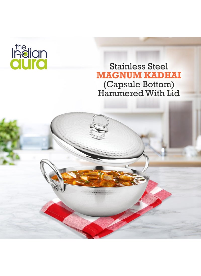 The Indian Aura Stainless Steel 16 Litre Magnum Hammered Kadhai with Lid Heavy Weight 20 cm 980 Grams Gas Induction Compatible 5Year Warranty