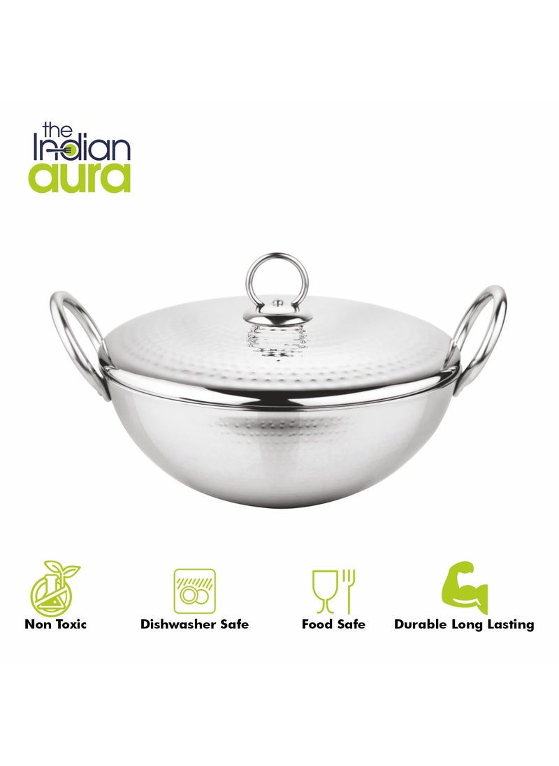The Indian Aura Stainless Steel 16 Litre Magnum Hammered Kadhai with Lid Heavy Weight 20 cm 980 Grams Gas Induction Compatible 5Year Warranty