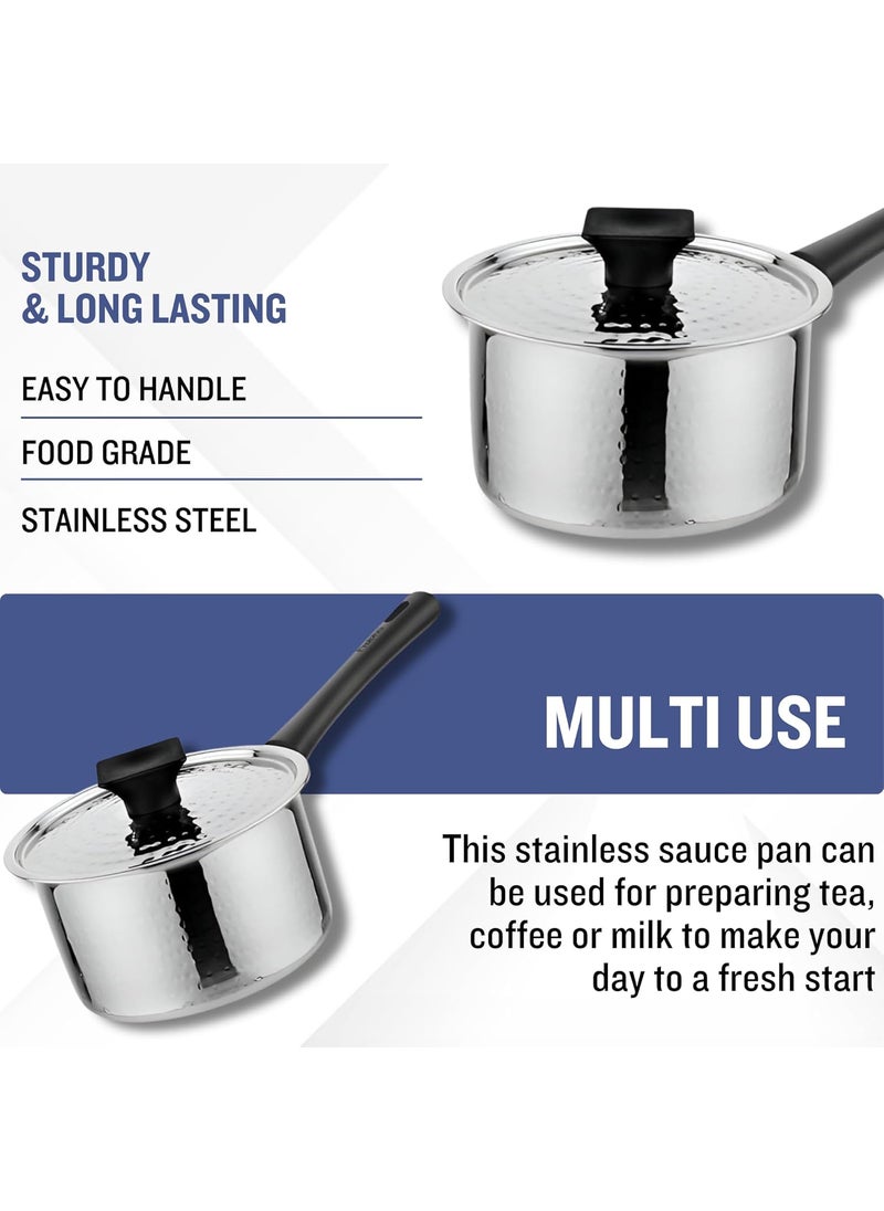 The Indian Aura Sauce Pan for Tea Stainless Steel Sauce Pan Tea Pan Milk Pan 12L Hammered Finish Saucepan with Lid Induction and Gas Stove Friendly Sauce Pan Stainless Steel