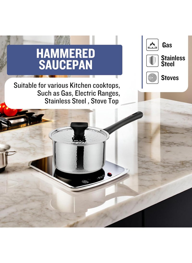 The Indian Aura Sauce Pan for Tea Stainless Steel Sauce Pan Tea Pan Milk Pan 12L Hammered Finish Saucepan with Lid Induction and Gas Stove Friendly Sauce Pan Stainless Steel