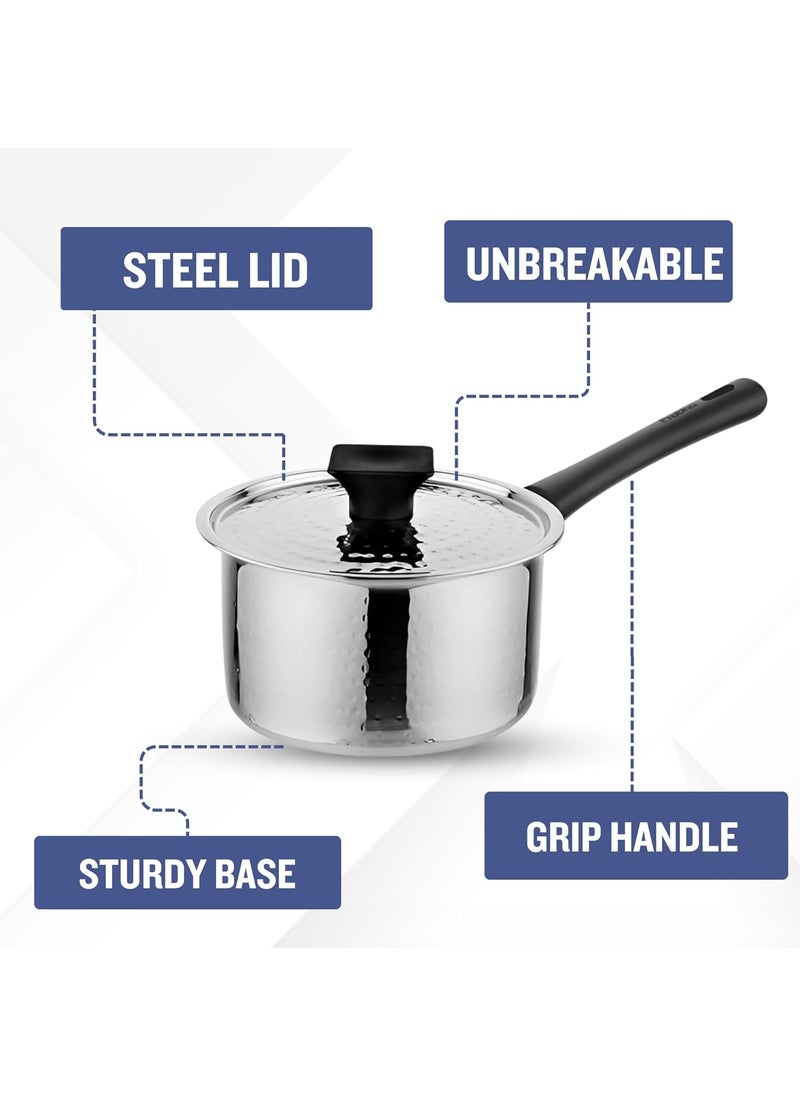 The Indian Aura Sauce Pan for Tea Stainless Steel Sauce Pan Tea Pan Milk Pan 12L Hammered Finish Saucepan with Lid Induction and Gas Stove Friendly Sauce Pan Stainless Steel