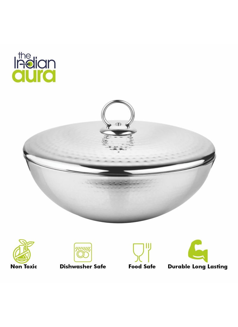 The Indian Aura Stainless Steel Cookware Hammered Tasla Capsule Bottom with Lid 24 Litre 24cm Thick Extra Deep Tasra Kadhai for Cooking Induction Bottom Gas Base 5 Years Warranty