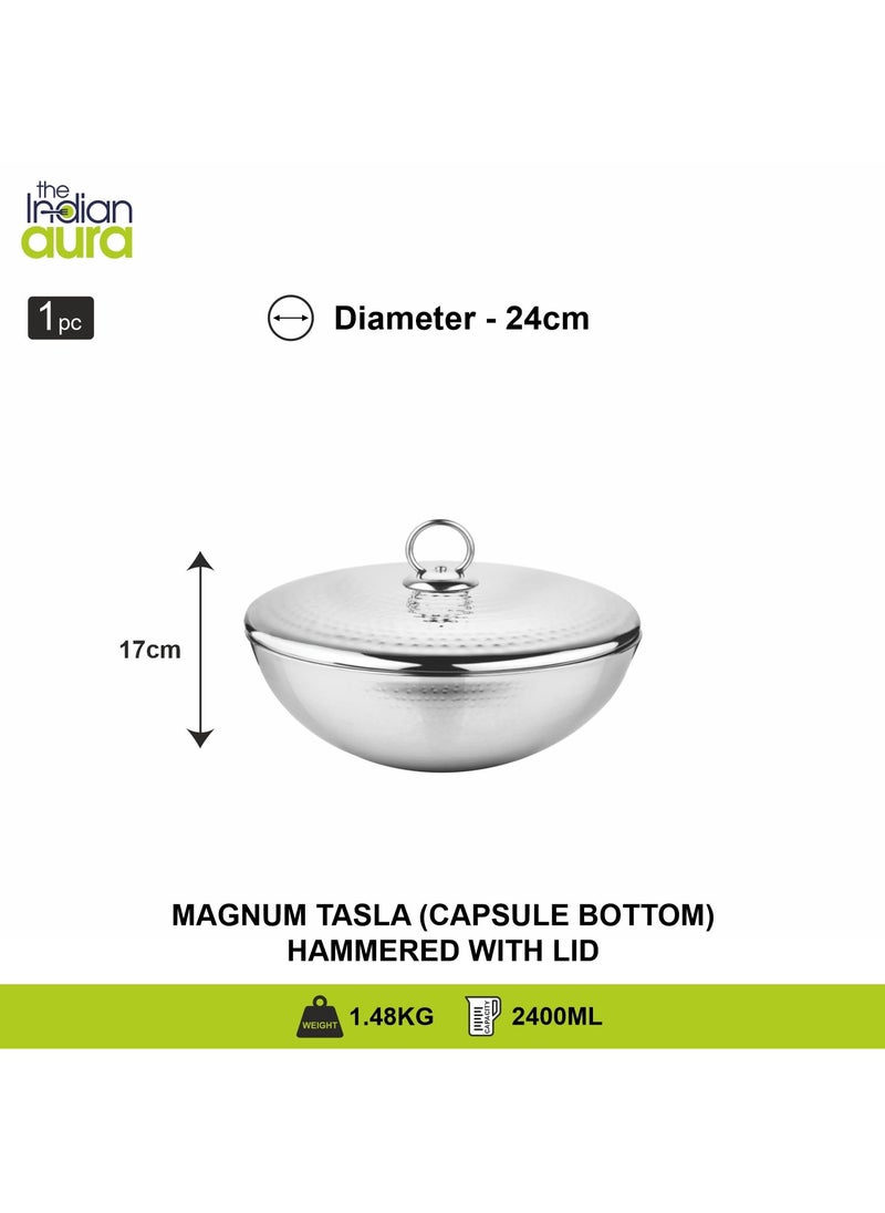 The Indian Aura Stainless Steel Cookware Hammered Tasla Capsule Bottom with Lid 24 Litre 24cm Thick Extra Deep Tasra Kadhai for Cooking Induction Bottom Gas Base 5 Years Warranty