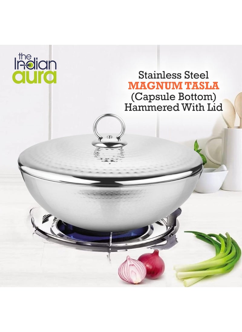 The Indian Aura Stainless Steel Cookware Hammered Tasla Capsule Bottom with Lid 24 Litre 24cm Thick Extra Deep Tasra Kadhai for Cooking Induction Bottom Gas Base 5 Years Warranty