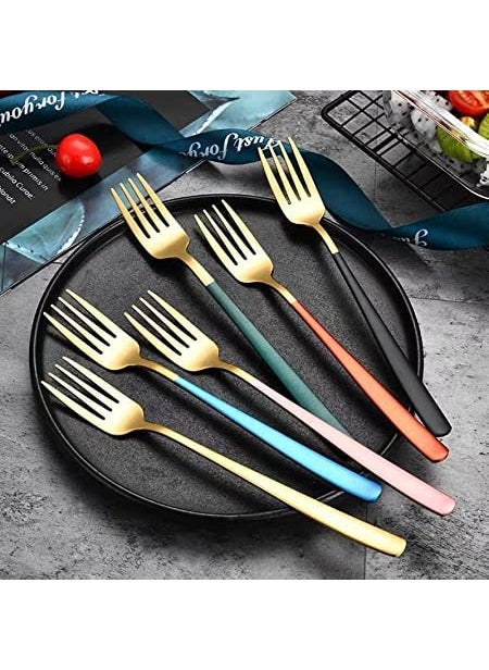 JDS SALES Stainless Steel Dinner Fork for HomeKitchen Fancy Stainless Steel Silverware Dinner Fork with Colorful Handel GoldBlack Pack of 12