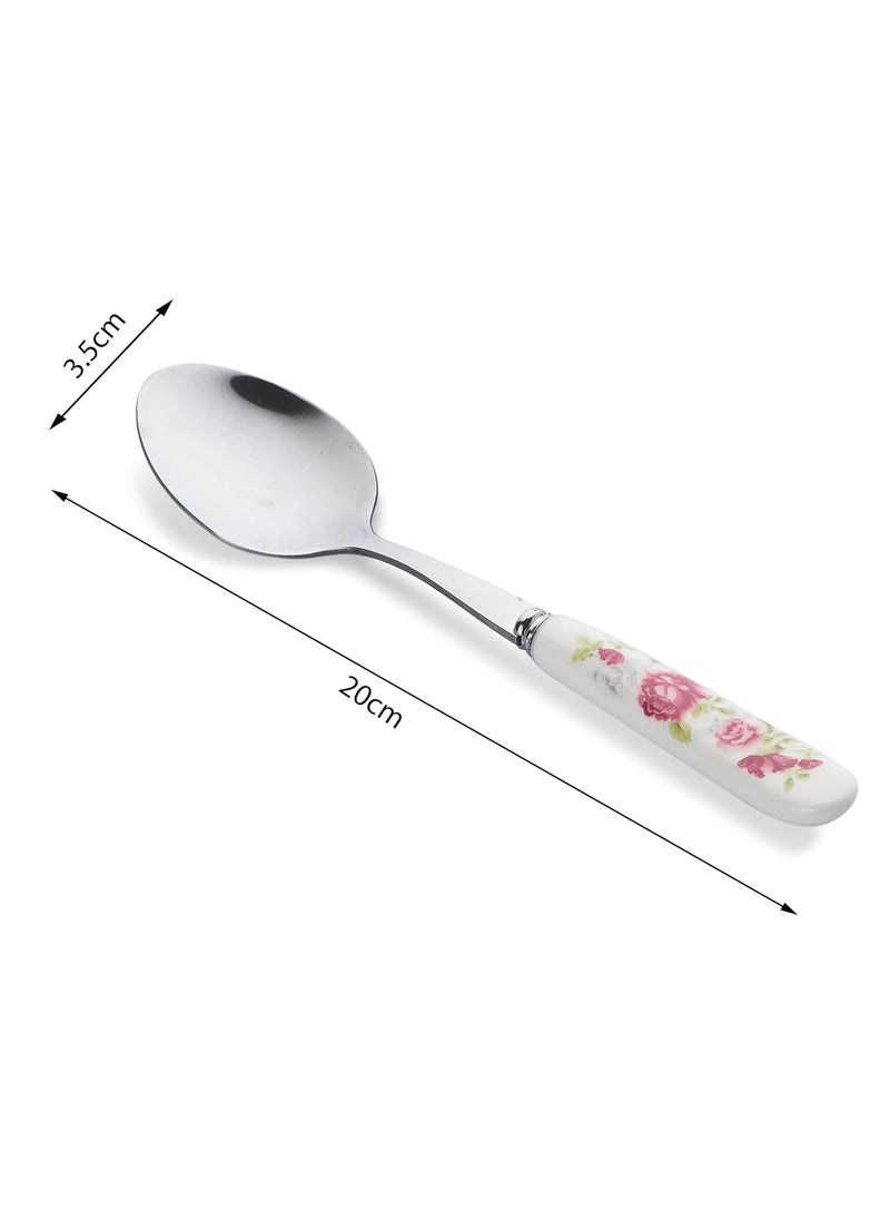 MGeezz Floral Stainless Steel Spoon Set for Home Kitchen Restaurant Cutlery Dinner Table Bouillon Spoon with Ceramic Handle Tableware Noodles Spoon for Serving Salad Fruit Spoon Big Spoon Set of 6