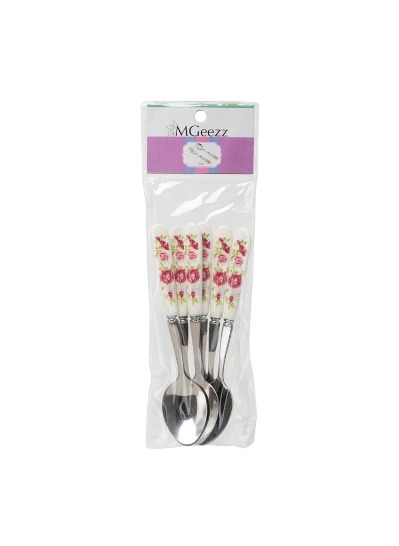 MGeezz Floral Stainless Steel Spoon Set for Home Kitchen Restaurant Cutlery Dinner Table Bouillon Spoon with Ceramic Handle Tableware Noodles Spoon for Serving Salad Fruit Spoon Big Spoon Set of 6