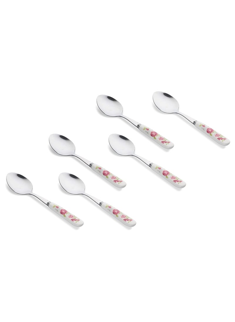MGeezz Floral Stainless Steel Spoon Set for Home Kitchen Restaurant Cutlery Dinner Table Bouillon Spoon with Ceramic Handle Tableware Noodles Spoon for Serving Salad Fruit Spoon Big Spoon Set of 6