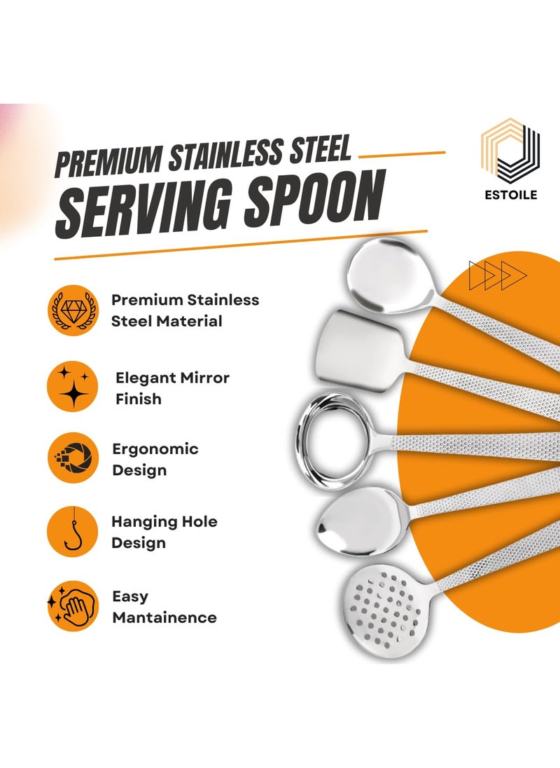 ESTOILE Stainless Steel Designer Serving Spoon Set 1 Ladle Karchi 2 Solid Spoon Chamcha and 1 Rice Spoon 1 Skimmer 5 Serving Spoon