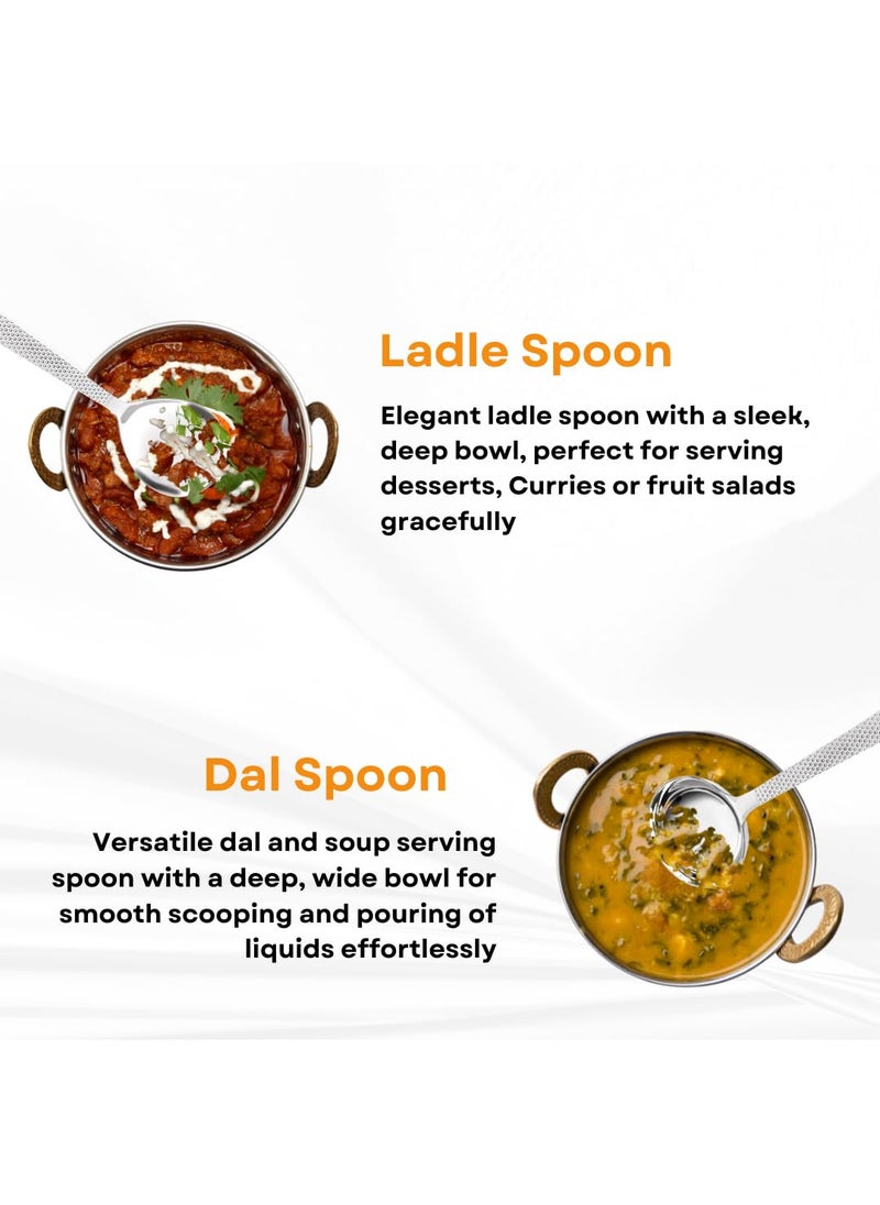 ESTOILE Stainless Steel Designer Serving Spoon Set 1 Ladle Karchi 2 Solid Spoon Chamcha and 1 Rice Spoon 1 Skimmer 5 Serving Spoon