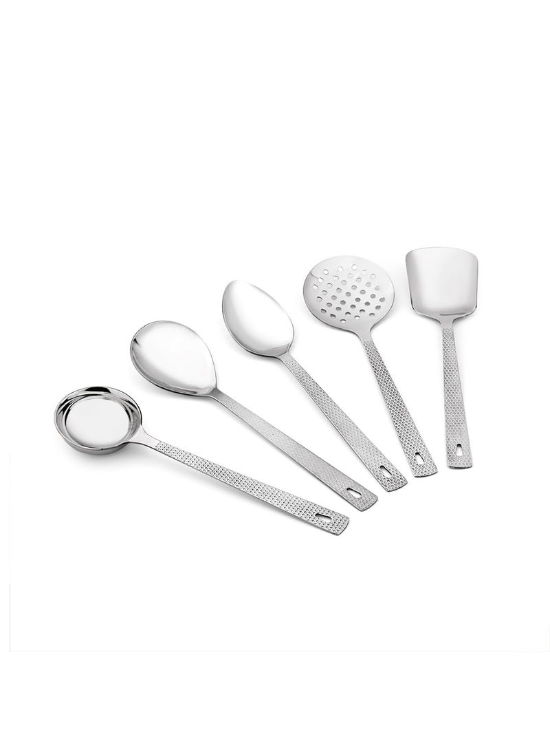 ESTOILE Stainless Steel Designer Serving Spoon Set 1 Ladle Karchi 2 Solid Spoon Chamcha and 1 Rice Spoon 1 Skimmer 5 Serving Spoon