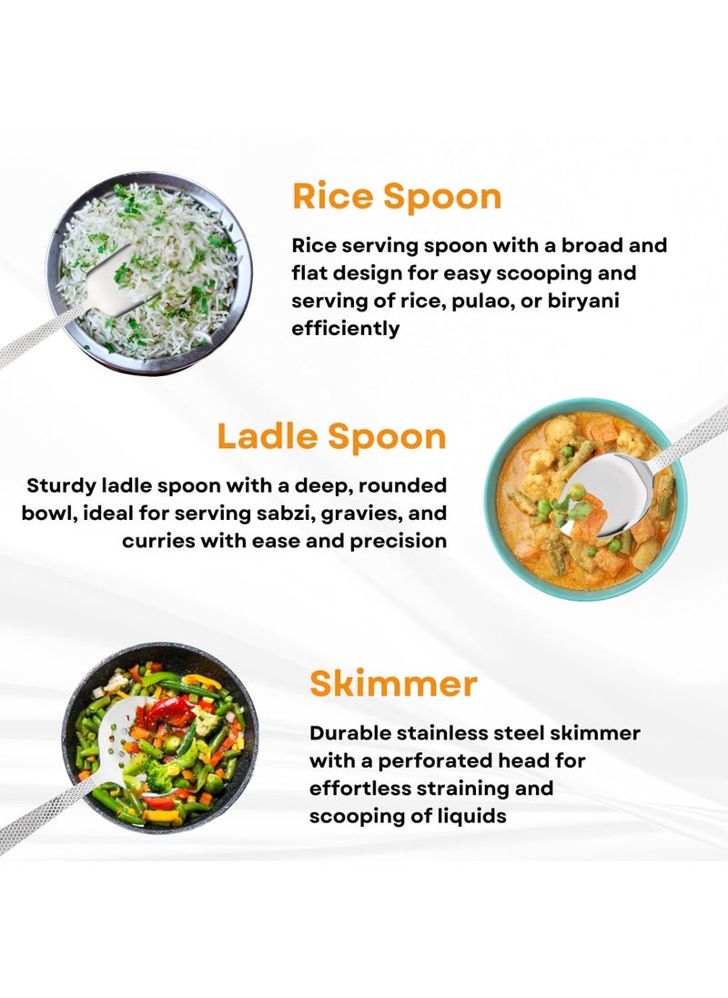 ESTOILE Stainless Steel Designer Serving Spoon Set 1 Ladle Karchi 2 Solid Spoon Chamcha and 1 Rice Spoon 1 Skimmer 5 Serving Spoon