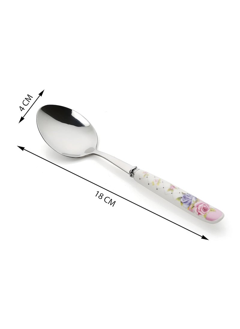 MGeezz Floral Stainless Steel Spoons Set Home Restaurant Dinner Table Spoon With Ceramic HandleKitchen Soup Chamach Floral Big SpoonsSet Of 6 23 Centimeters