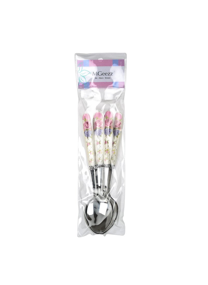 MGeezz Floral Stainless Steel Spoons Set Home Restaurant Dinner Table Spoon With Ceramic HandleKitchen Soup Chamach Floral Big SpoonsSet Of 6 23 Centimeters
