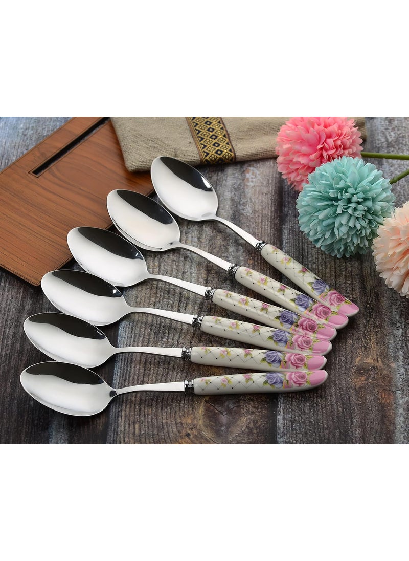 MGeezz Floral Stainless Steel Spoons Set Home Restaurant Dinner Table Spoon With Ceramic HandleKitchen Soup Chamach Floral Big SpoonsSet Of 6 23 Centimeters