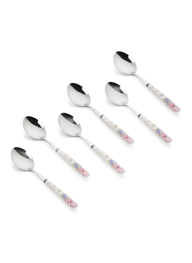 MGeezz Floral Stainless Steel Spoons Set Home Restaurant Dinner Table Spoon With Ceramic HandleKitchen Soup Chamach Floral Big SpoonsSet Of 6 23 Centimeters