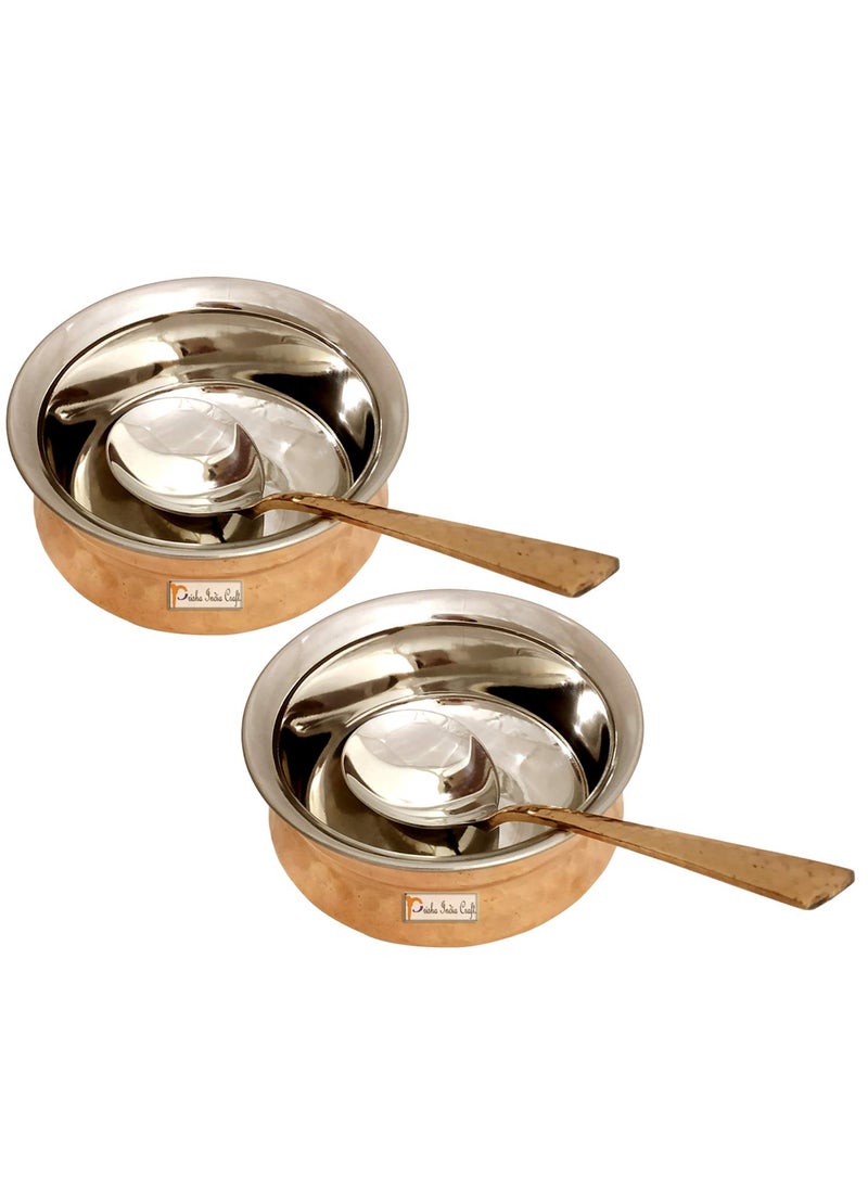 Prisha India Craft Steel Copper Handi Spoon Set Bowl For Serving Dishes Tableware 250 ML Set of 2
