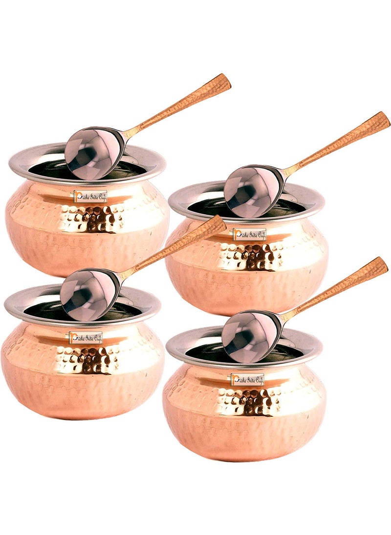 Prisha India Craft Steel Copper Punjabi Serving biryani Handi Spoon Set Serveware 850 ML Set of 4