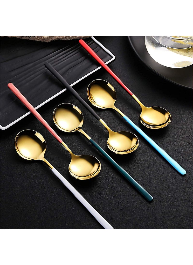Primetan 304 Stainless Steel Golden Spoons Cutlery Cooking Tools Set for Soup Round Colorful Dinner Spoons Long Handle Table Spoon Set of 4