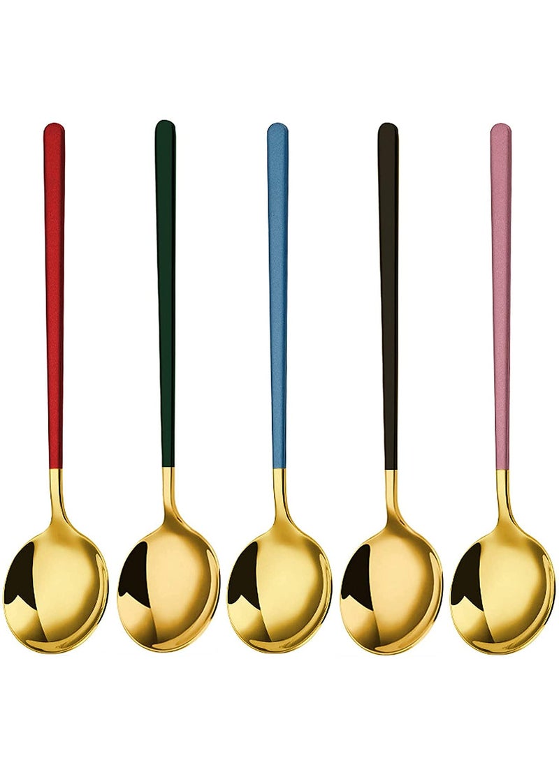 Primetan 304 Stainless Steel Golden Spoons Cutlery Cooking Tools Set for Soup Round Colorful Dinner Spoons Long Handle Table Spoon Set of 4