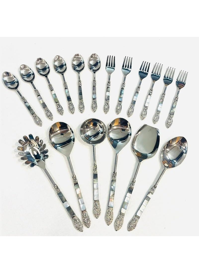 MFUMADE FOR YOU Stainless Steel Serving Spoon Set 18Piece Collection with 6 Spoons 6 Forks and 6 Serving Spoons Elegant Mother of Pearl Handles Perfect for Dining and Gifting