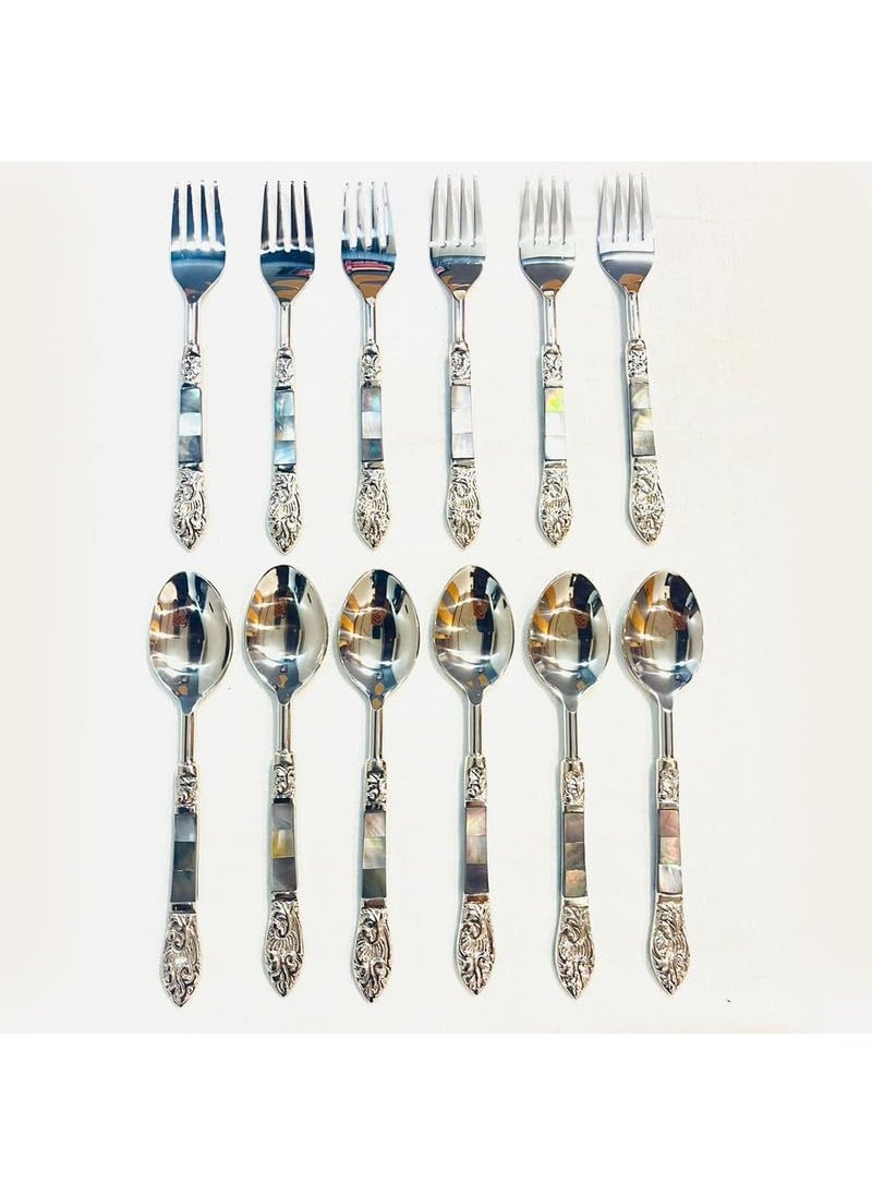 MFUMADE FOR YOU Stainless Steel Serving Spoon Set 18Piece Collection with 6 Spoons 6 Forks and 6 Serving Spoons Elegant Mother of Pearl Handles Perfect for Dining and Gifting