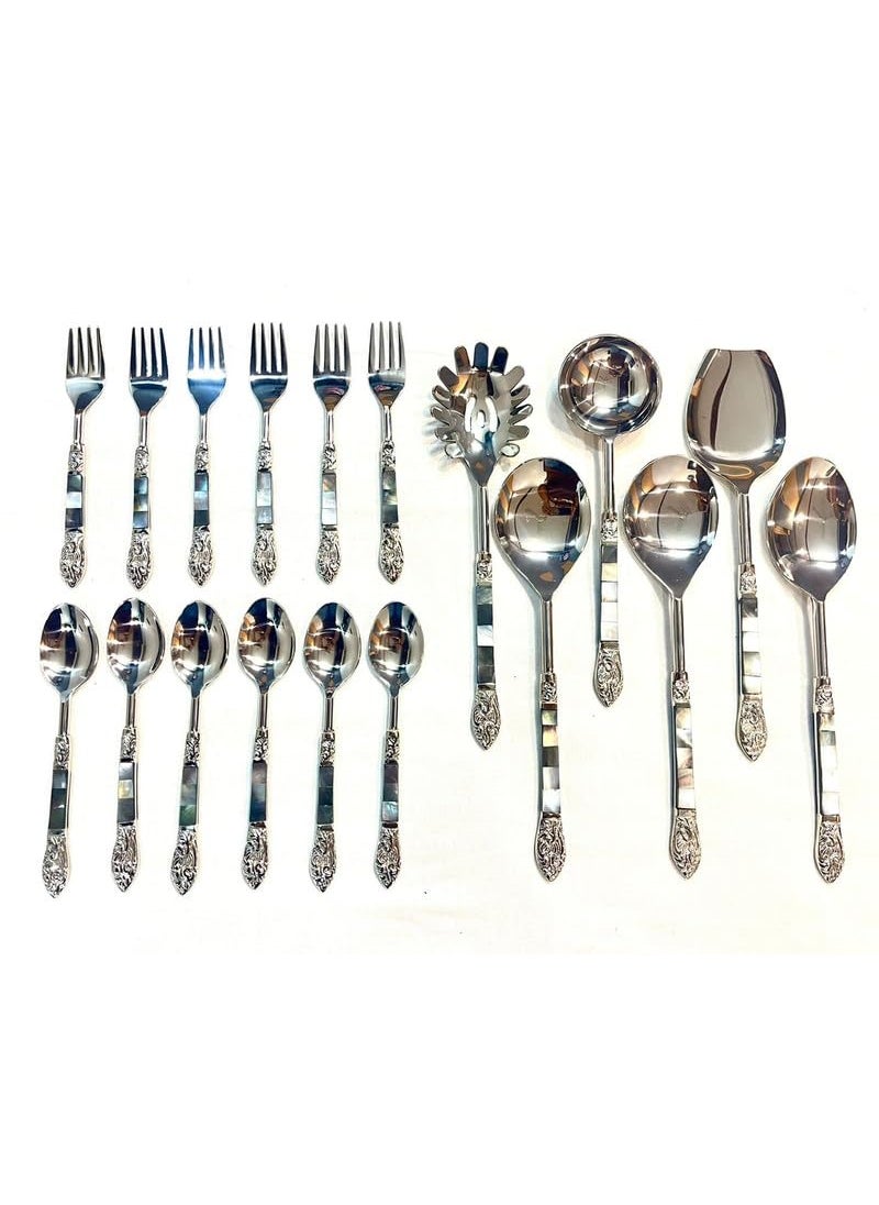 MFUMADE FOR YOU Stainless Steel Serving Spoon Set 18Piece Collection with 6 Spoons 6 Forks and 6 Serving Spoons Elegant Mother of Pearl Handles Perfect for Dining and Gifting