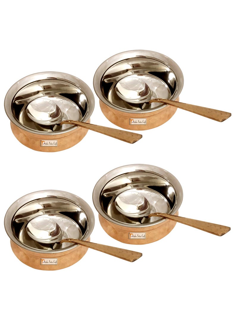 Prisha India Craft Steel Copper Handi Spoon Set Bowl for Serving Dishes Tableware 250 ML Set of 4