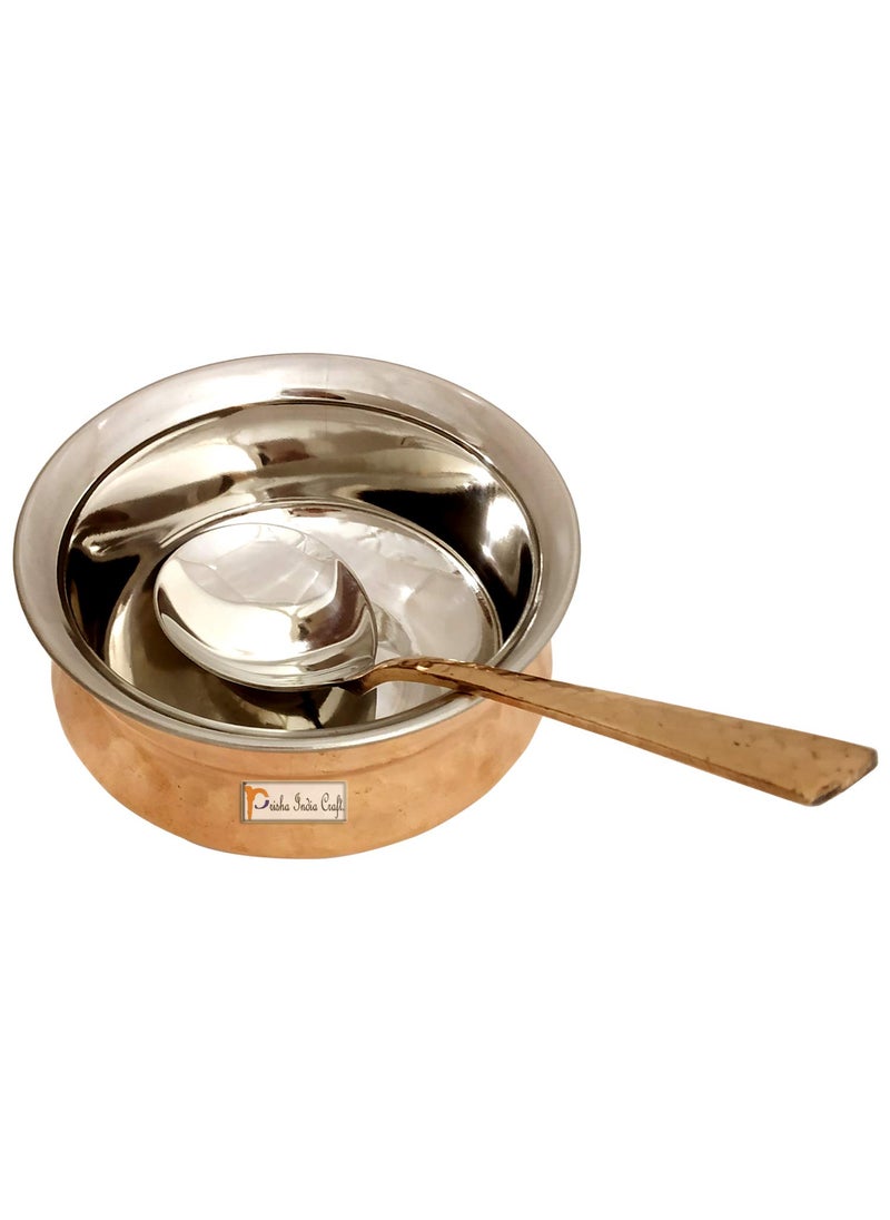Prisha India Craft Steel Copper Handi Spoon Set Bowl for Serving Dishes Tableware 250 ML Set of 4