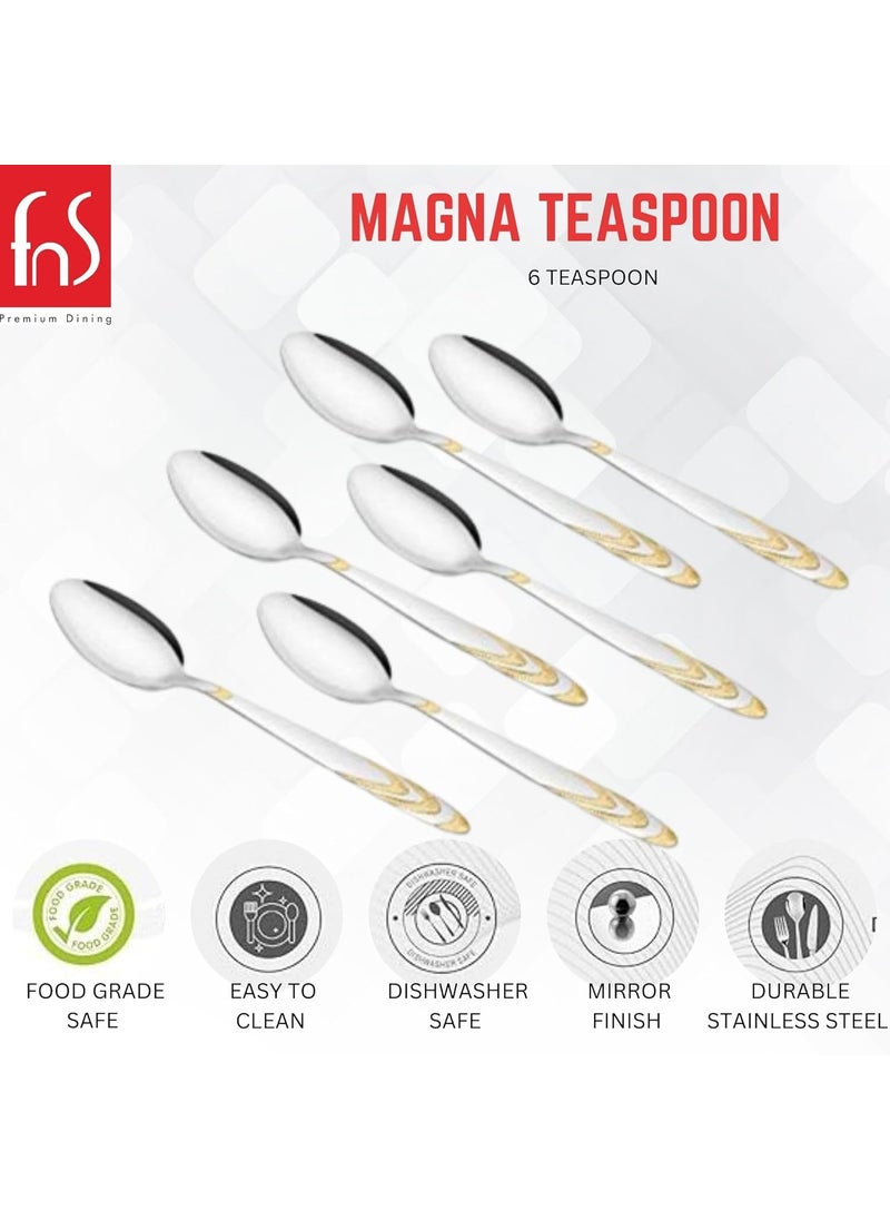 Montavo by FnS Magna Stainless Steel Real Gold Plated Tea Spoon Set of 6 for Tea Coffee and Spices