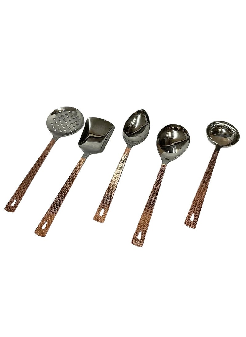 Dynore Stainless Steel Harmony Copper Plated Hammered Heavy Gauge Mirror Finish Cooking Serving Spoon Set Set of 5 Pcs