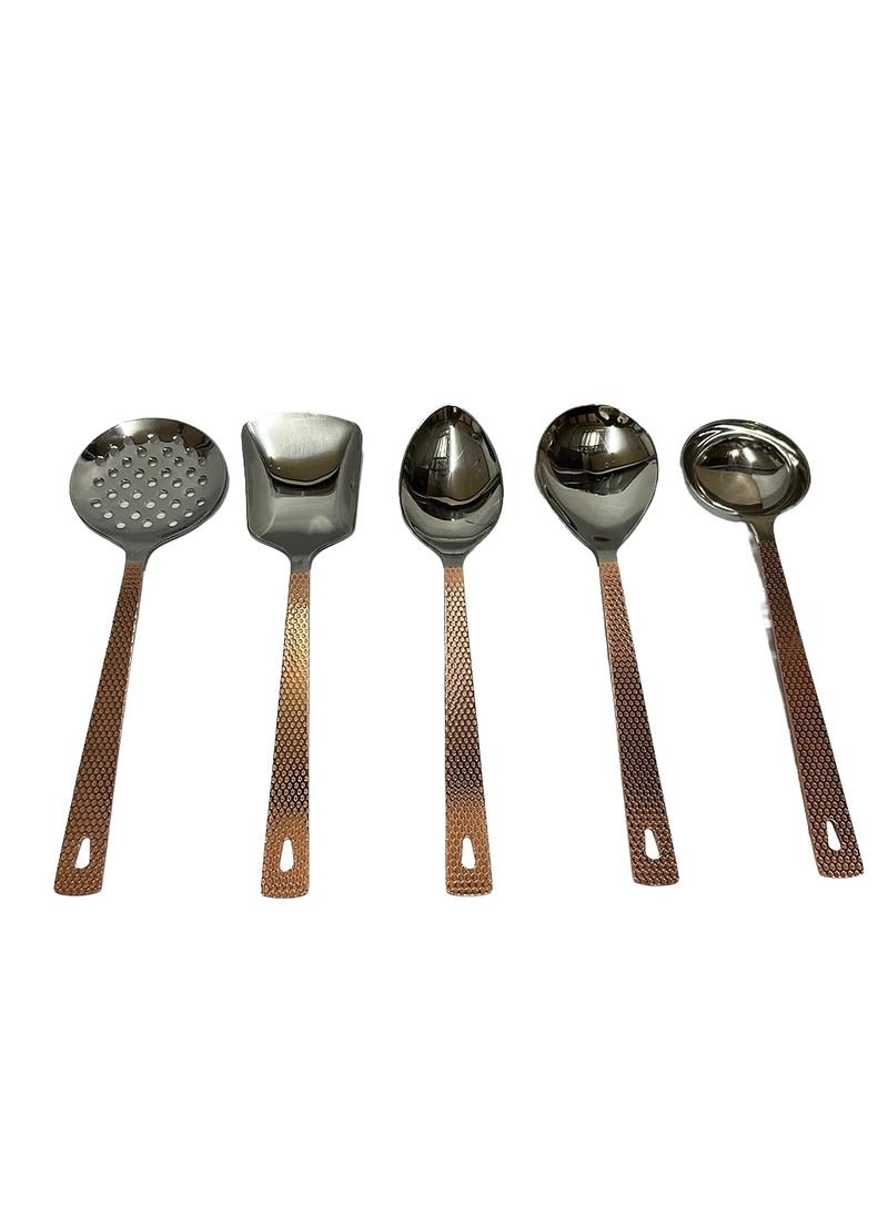 Dynore Stainless Steel Harmony Copper Plated Hammered Heavy Gauge Mirror Finish Cooking Serving Spoon Set Set of 5 Pcs