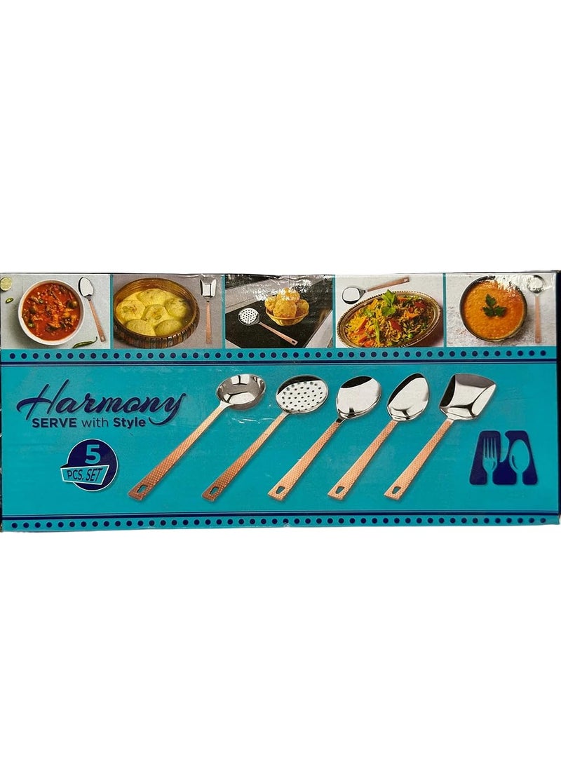 Dynore Stainless Steel Harmony Copper Plated Hammered Heavy Gauge Mirror Finish Cooking Serving Spoon Set Set of 5 Pcs