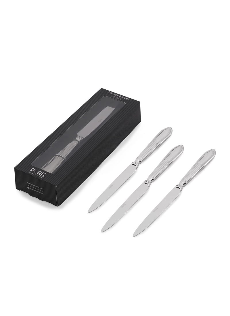 PURE HOME LIVING Set of 4 Silver Stainless Steel Dinner Knives with Zig Zag Embossing