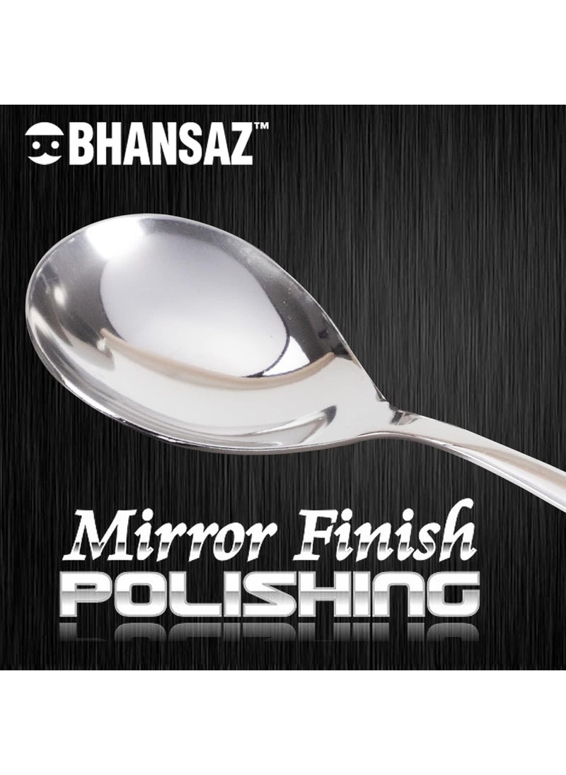 BHANSAZ Serving Spoon Set for Dinning Stainless Steel Cooking Spoons Heavy Gauge NonStick 1 Soup Ladle Karchi 1 Solid Spoon Chamcha and 1 Rice Spoon Tableware Set of 3 Silver
