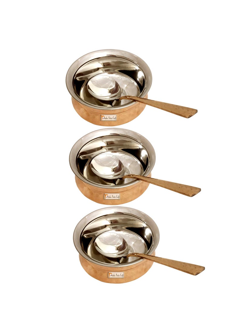 Prisha India Craft Steel Copper Handi Spoon Set Bowl for Serving Dishes Tableware 300 ML Set of 3
