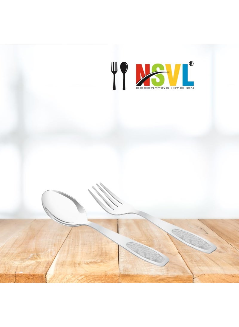 NSVL Rose Design Stainless Steel Heavy Gauge Spoon and Fork Set of 12 Pc BabyTable Spoon 6 Pc 16 cm L DessertTable Fork 6 Pc 16 cm L 16mm Thick