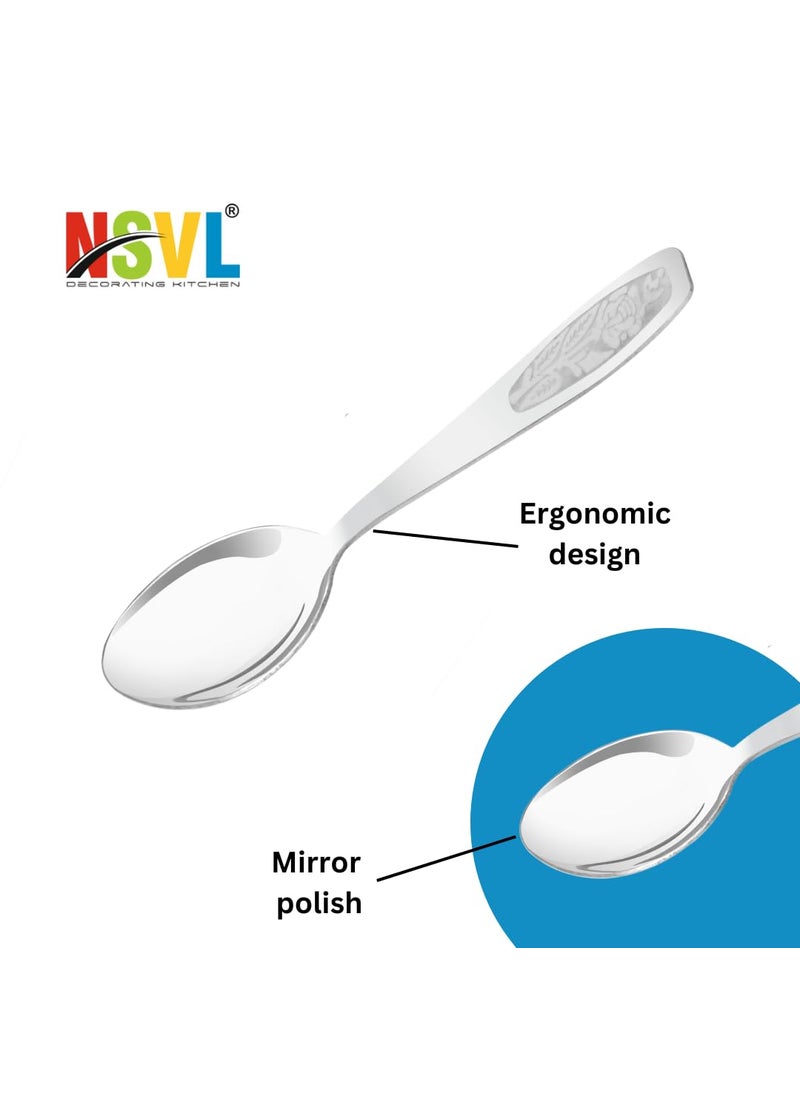 NSVL Rose Design Stainless Steel Heavy Gauge Spoon and Fork Set of 12 Pc BabyTable Spoon 6 Pc 16 cm L DessertTable Fork 6 Pc 16 cm L 16mm Thick