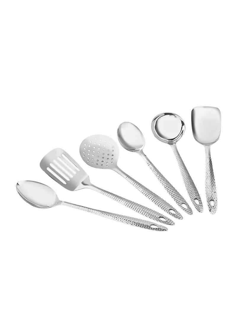 ESTOILE Stainless Steel Designer Serving Spoon Set 1 Ladle Karchi 1 Oval Solid Spoon 1 Round Solid Spoon Chamcha and 1 Rice Spoon 1 Skimmer 1 Turner 6 Serving Spoon