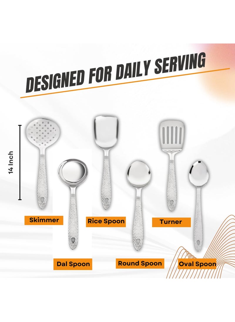 ESTOILE Stainless Steel Designer Serving Spoon Set 1 Ladle Karchi 1 Oval Solid Spoon 1 Round Solid Spoon Chamcha and 1 Rice Spoon 1 Skimmer 1 Turner 6 Serving Spoon