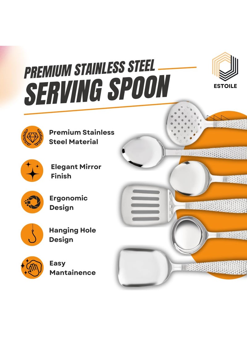 ESTOILE Stainless Steel Designer Serving Spoon Set 1 Ladle Karchi 1 Oval Solid Spoon 1 Round Solid Spoon Chamcha and 1 Rice Spoon 1 Skimmer 1 Turner 6 Serving Spoon